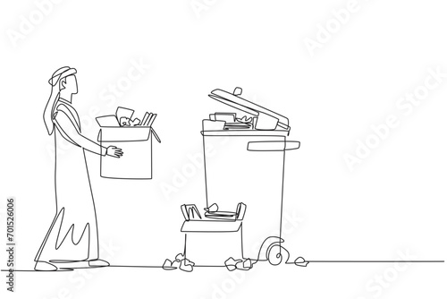 Single continuous line drawing Arab businessman carrying a cardboard box full of piles of paper to trash. Clean things that distract the mind to focus on business. One line design vector illustration
