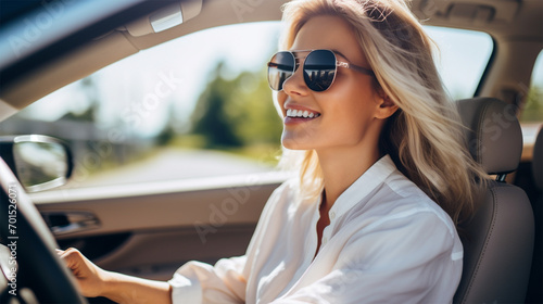 Portrait of a beautiful young blonde woman in glasses in a car. A lady wearing blackout glasses and a white blouse is driving in a car. High quality photo © Margo_Alexa