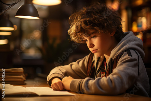 A boy embracing his love for literature, engrossed in writing poetry at a local coffee shop. Generative Ai.