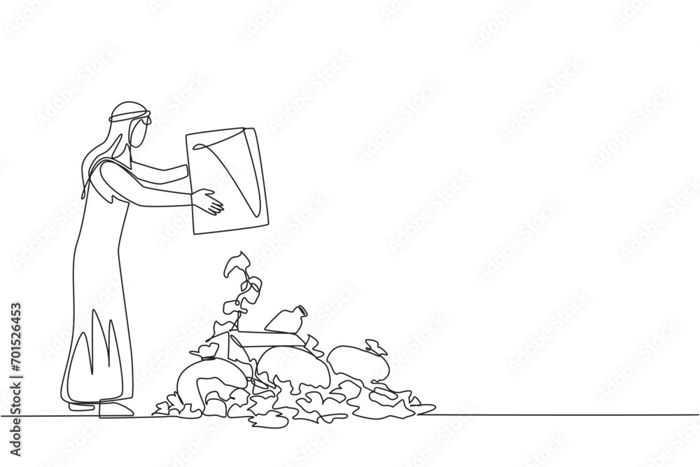 Continuous one line drawing Arabian man throws rubbish into rubbish pile. Environmental care. It is best to dispose of waste at the final disposal site. Single line draw design vector illustration Continuous one line drawing Arabian man throws rubbish into rubbish pile. Environmental care. It is best to dispose of waste at the final disposal site. Single line draw design vector illustration