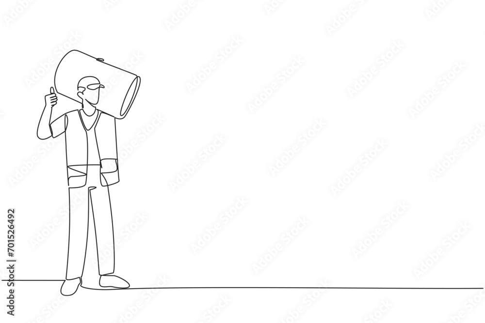 Single one line drawing trash man carrying a trash can giving a thumbs up. Enthusiastic and cheerful when cleaning the environment. Good responsibility. Continuous line design graphic illustration Single one line drawing trash man carrying a trash can giving a thumbs up. Enthusiastic and cheerful when cleaning the environment. Good responsibility. Continuous line design graphic illustration