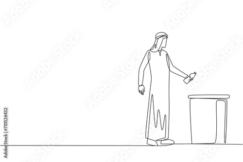 Continuous one line drawing Arabian man throw used plastic bottles into overflowing trash cans. Environmental. How to properly dispose of recyclable waste. Single line draw design vector illustration