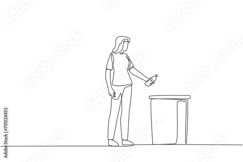 Single one line drawing woman throw used plastic bottles into overflowing trash cans. Environmental care. Recyclable waste. Cleaning up the environment. Continuous line design graphic illustration