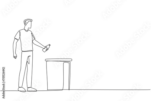 Single one line drawing a man throw used plastic bottles into overflowing trash cans. Environmental care. Correct littering waste. Recyclable waste. Clean. Continuous line design graphic illustration