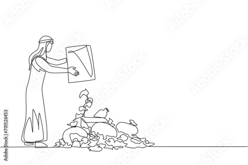 Continuous one line drawing Arabian man throws rubbish into rubbish pile. Environmental care. It is best to dispose of waste at the final disposal site. Single line draw design vector illustration