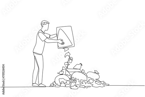 Single one line drawing man throws rubbish into rubbish pile. Environmental care. Throwing rubbish not in proper place. Surrounding air becomes less clear. Continuous line design graphic illustration