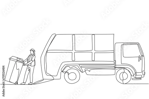 Continuous one line drawing trash woman pulling wheeled trash can towards garbage truck. Using a hat to reduce heat tries to reduce environmental pollution. Single line draw design vector illustration