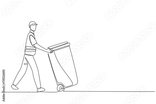 Single one line drawing trash man pushing a wheeled trash can. Side job is volunteering to keep environment clean. Remain highly dedicated. No pollution. Continuous line design graphic illustration