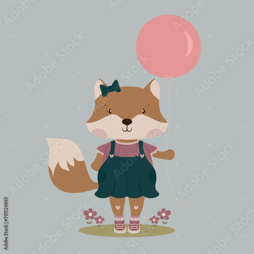 Little cute fox holding a balloon. Cute animal. Printing for invitations, greeting cards, posters, decoration 