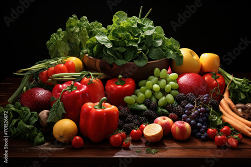 A diverse array of fresh fruits and vegetables  symbolizing the essence of a balanced and nutritious diet for overall health. Generative Ai.