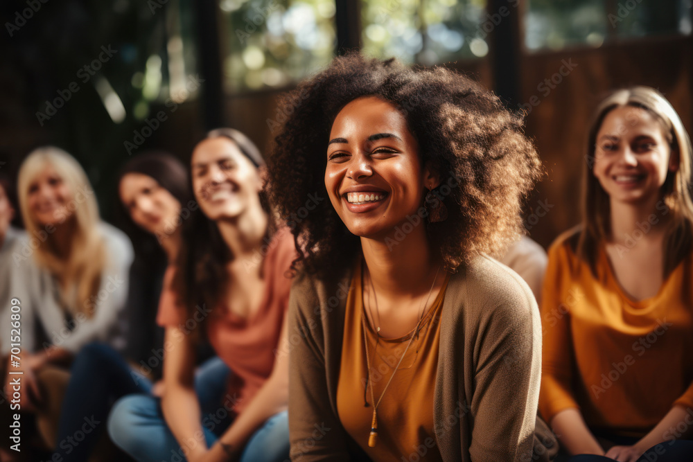 A diverse group engaged in a laughter yoga session, showcasing the emotional and social benefits of laughter for mental health. Generative Ai.