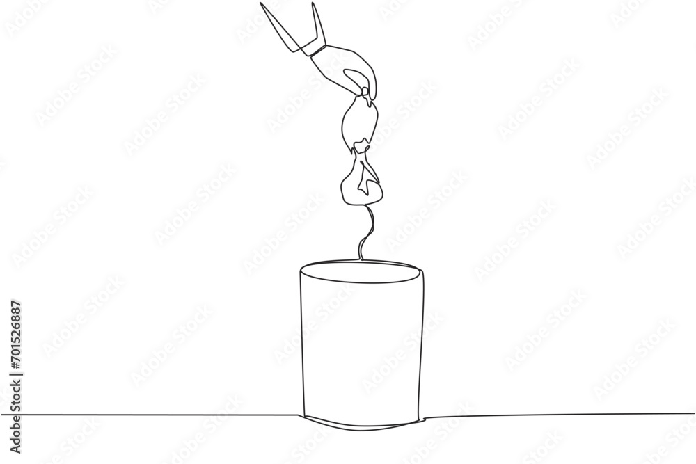 Continuous one line drawing businessman's hand throwing away a crushed plastic bottle. Best way