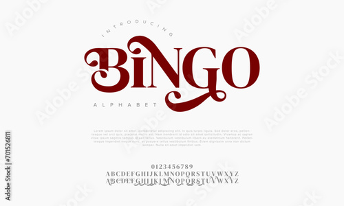 Bingo premium luxury elegant alphabet letters and numbers. Elegant wedding typography classic serif font decorative vintage retro. Creative vector illustration