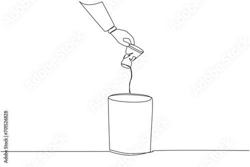 Single one line drawing businessman's hand throws away a crushed paper cup. The correct way to dispose of it. Cannot be misused by irresponsible people. Continuous line design graphic illustration