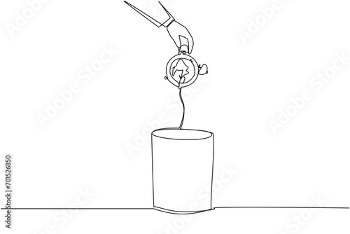 Single continuous line drawing businessman's hand throwing away a broken alarm clock. Able to work effectively and efficiently. Able to utilize time. Time is money. One line design vector illustration
