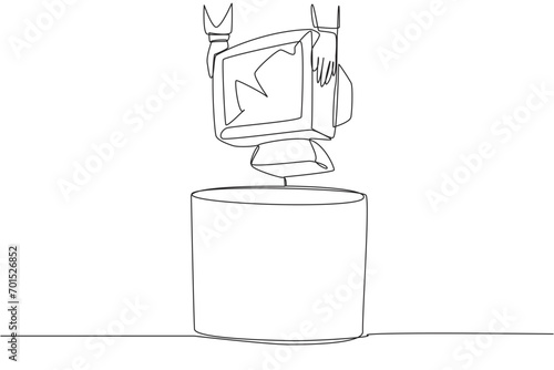Continuous one line drawing businessman's hand throws away tube monitor whose screen is cracked. Outdated technology. Poor color gradation. Useless things. Single line draw design vector illustration