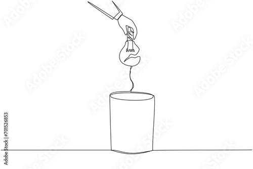 Single one line drawing businessman's hand throwing away a broken lightbulb. Unoriginal idea. Plagiarized ideas. Cannot make changes. Useless. Wrecked. Continuous line design graphic illustration photo