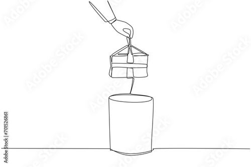 Single one line drawing businessman's hand throwing away a dented gift box. No achievements have been made. Try to adapt stably. Have more enthusiasm. Continuous line design graphic illustration