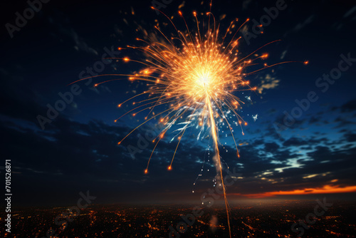 A single spark igniting a vibrant array of fireworks in the night sky  symbolizing the catalyzing force behind celebration and joy. Generative Ai.