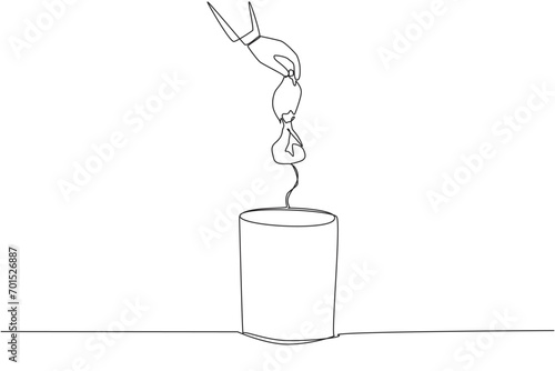 Continuous one line drawing businessman's hand throwing away a crushed plastic bottle. Best way to dispose of plastic items. Can be reused. Can be recycled. Single line draw design vector illustration