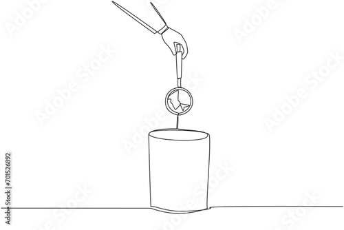 Single continuous line drawing businessman's hand throwing away broken magnifier. Doesn't have optics. Cannot be used for research. Cannot be used for searching. One line design vector illustration photo