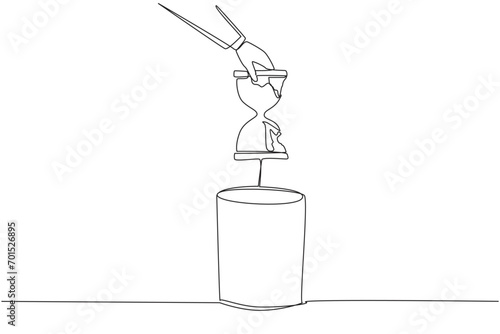 Continuous one line drawing businessman's hand throwing away a broken hourglass. There is no countdown deadline. No reminders. But still have to be responsible. Single line design vector illustration