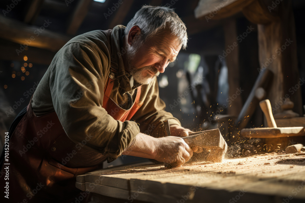A carpenter striking a chisel to shape wood, illustrating the skilled craftsmanship as a catalyst for turning raw materials into a finished product. Generative Ai. A carpenter striking a chisel to shape wood, illustrating the skilled craftsmanship as a catalyst for turning raw materials into a finished product. Generative Ai.