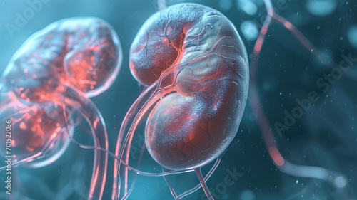Detailed illustration of human kidneys with vascular network on a blue backdrop