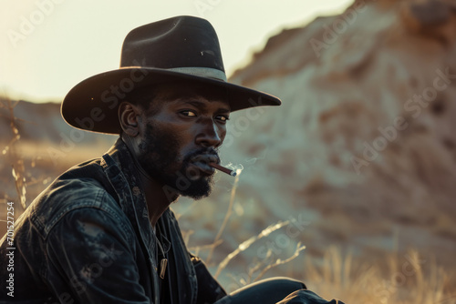 Closeup of a Black Cowboy Smoking made with Generative AI Technology