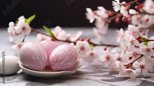  Easter eggs with a delicate pattern in pink tones and a branch of cherry blossoms.copy space. 