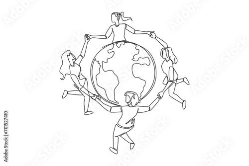 Continuous one line drawing a group of women make a circle around the globe. Be happy and cheerful in keeping nature in good condition. Protect the world. Single line draw design vector illustration