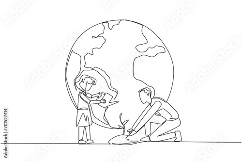 Continuous one line drawing girl standing watering the plants. Teaching environmental care from an early age. World environment day. Earth day. Protect. Single line draw design vector illustration