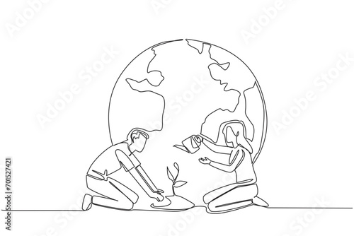 Single continuous line drawing man holds mound of earth while woman waters plants. Help each other keep the earth green. World environment day. Love the earth. One line design vector illustration