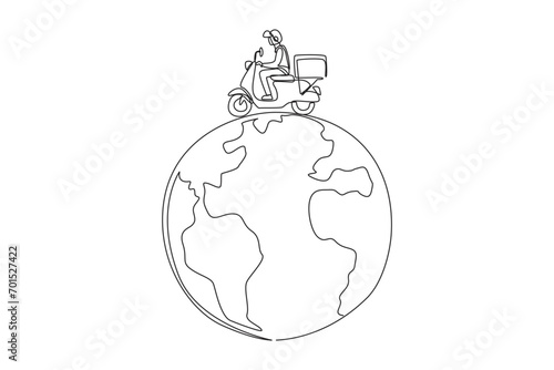 Single one line drawing a man riding package motorbike. Delivering packages across countries and continents. Throws out a lot of carbon gas. Save the earth. Continuous line design graphic illustration