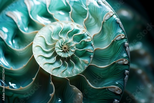 A high-resolution photograph capturing the delicate spiral details of a seashell, exhibiting a mosaic of pearly tones against a deep jade-colored background.