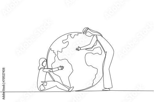 Single continuous line drawing Arab man and Arab woman hugging the globe in their own style. Protect the earth. Love the earth. Environmental care. For better air. One line design vector illustration
