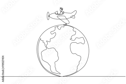 Single one line drawing an airplane driven by a man on a globe. Pollutes healthy air with emitted substances. Harmful to the ozone layer. Environmental. Continuous line design graphic illustration