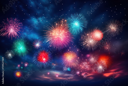 Fireworks bursting in the night sky, creating a dazzling display of luminescent colors during a festive celebration. Generative Ai.