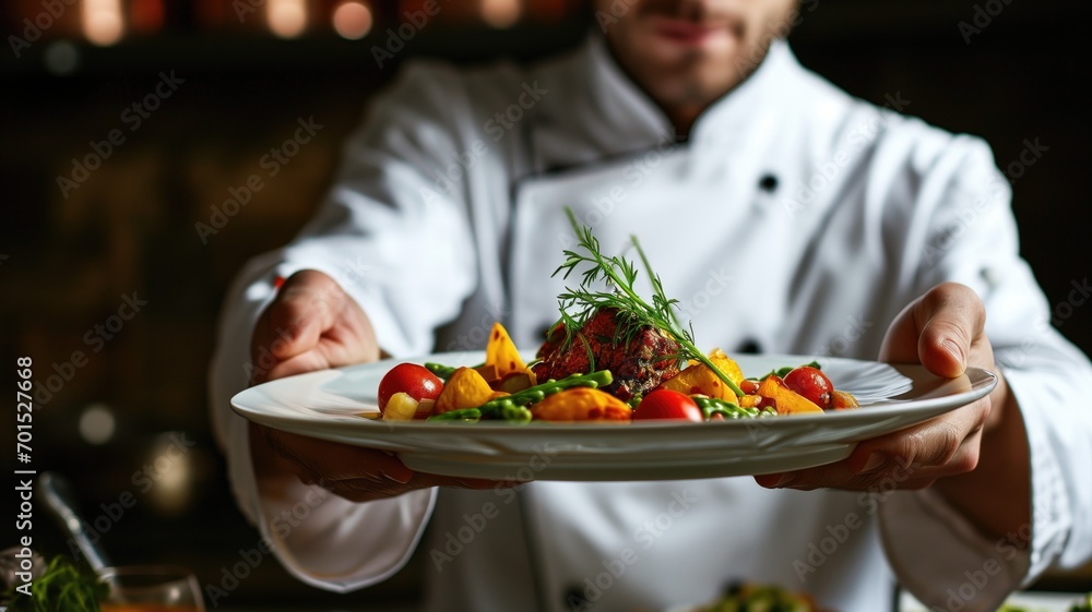 Chef presenting gourmet dish with fresh herbs and vegetables