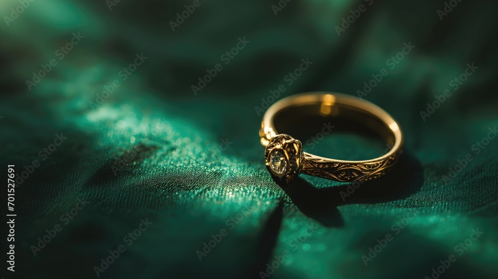 Golden engagement ring on a silk fabric Golden engagement ring on a silk fabric