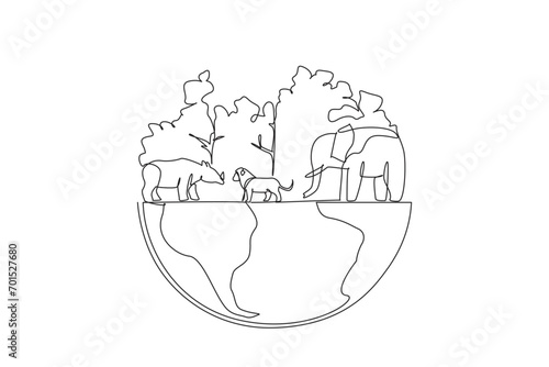 Single continuous line drawing lush trees and several animals. Habitat for living creatures. A maintained ecosystem ensures that animal populations are maintained. One line design vector illustration
