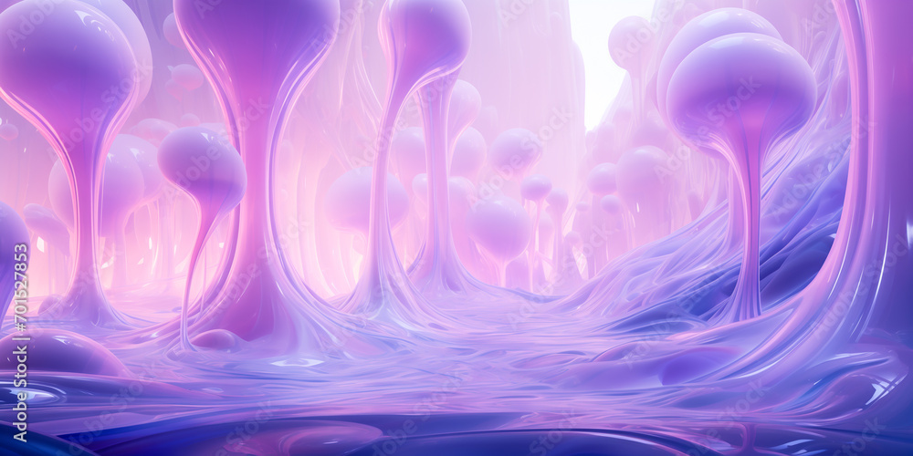 Glossy abstract liquid organic mushroom sci fi landscape, purple pink, wide banner, empty background, Otherworldly Visions