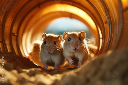 A trio of energetic and acrobatic gerbils exploring tunnels and wheels, highlighting the active and playful nature of these small rodents. Concept of gerbil agility. Generative Ai. photo