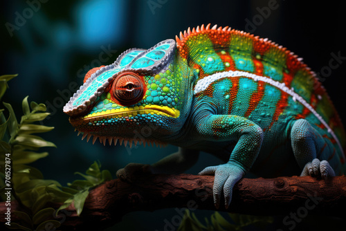 A captivating and mesmerizing chameleon changing colors on a branch, exemplifying the fascinating and unique characteristics of these reptilian companions. Concept of chameleon allure. Generative Ai.