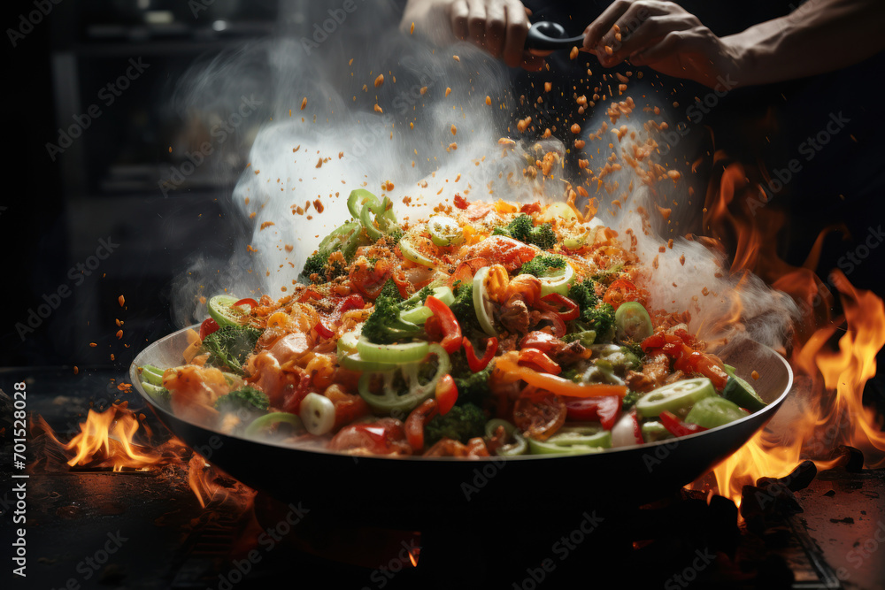 A chef expertly flipping vegetables in a sizzling wok, capturing the artistry and skill involved in culinary craftsmanship. Concept of gastronomic mastery. Generative Ai. A chef expertly flipping vegetables in a sizzling wok, capturing the artistry and skill involved in culinary craftsmanship. Concept of gastronomic mastery. Generative Ai.