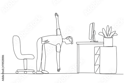 Single continuous line drawing man stands with one hand raised and the other hand holding the tip of leg. Stretch before working overtime on the weekend. Spirit. One line design vector illustration