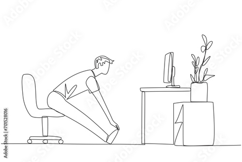 Continuous one line drawing man sitting in work chair with legs straightened. Work overtime on weekends. Eyes focus on the screen. Thinking about a project. Single line draw design vector illustration
