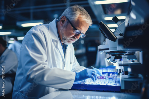A dedicated scientist in a lab coat carefully examining a microscope slide, showcasing the precision and attention to detail required in the field of medical research. Generative Ai. photo