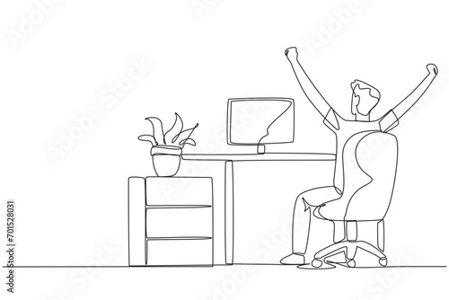 Continuous one line drawing the man sit on chair opening and raising his hands. Seen from behind. Monitoring the work progress. Stretch while overtime. Single line draw design vector illustration