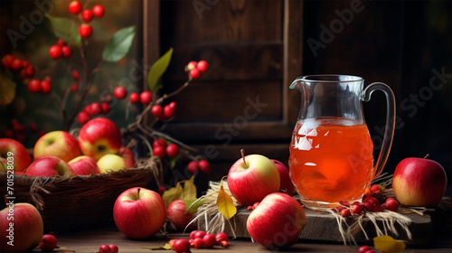 jug with apple juice and apples on a wooden kitchen table.  photo